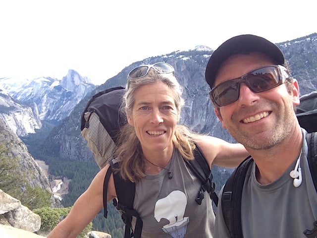 Lynn Hill and Photographer Corey Rich pose for a selfie at the top of El Capitan
