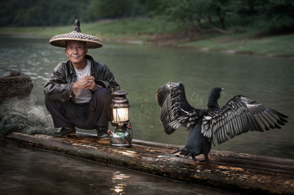 Chinese fisherman next to his cormorant bird. I could see the cormorant was ready to spread its wings and got a little lucky with the timing on this shot.