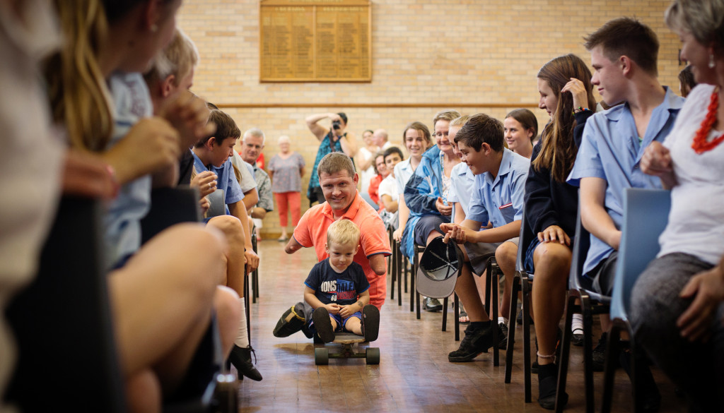 Chris Koch entertaining the students at Coonabarabran High School, Australia