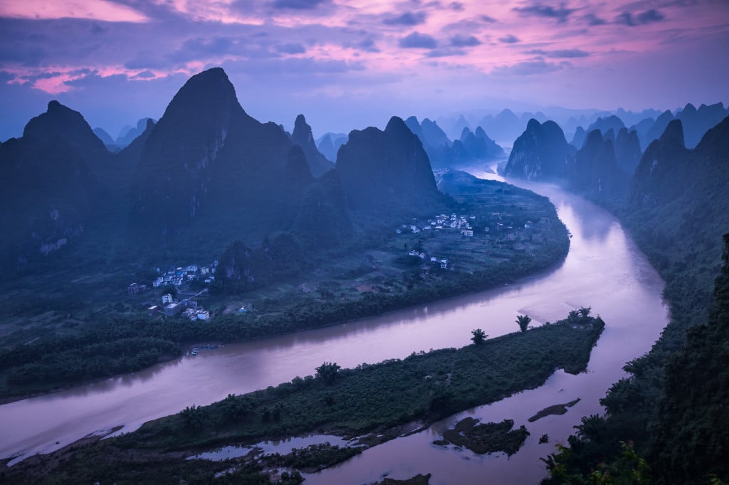 Pink and blue colors overlooking the Li River from Xiang Gong Shan. This is definitely one of China's best views, but also a difficult place to get good light. This picture was taken at sunrise on my 4th attempt.