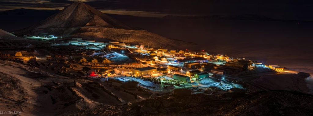 June 6 2015 This was taken shortly after a scheduled plane arrived. I just recieved my Tamron 70-200 and this is one of the first shots done with it. An HDR panoramic of McMurdo station.